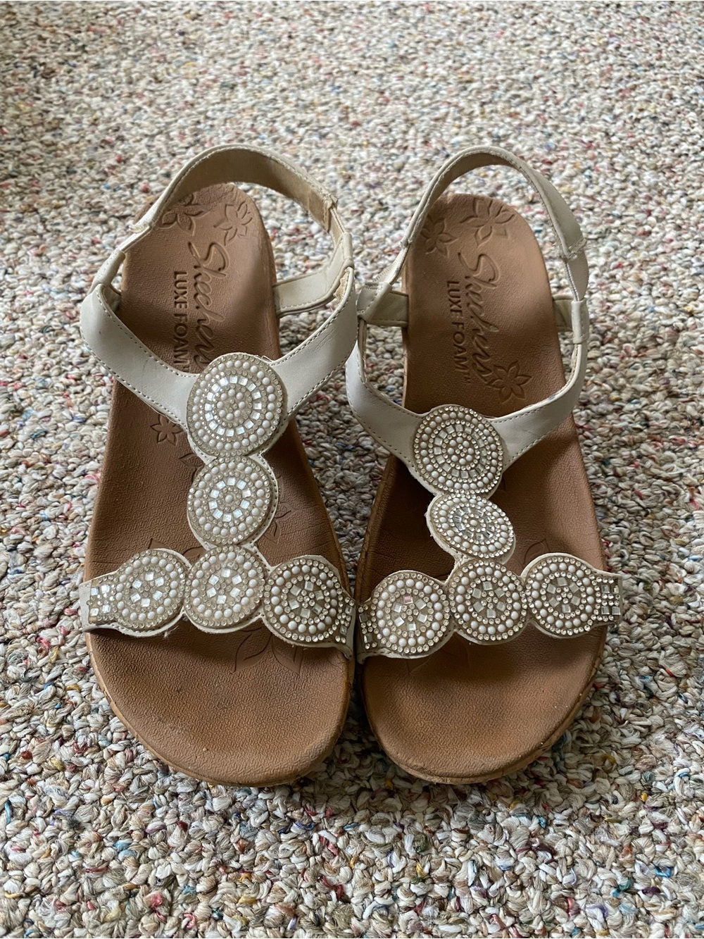 Skechers Pearl-Beaded T-Strap Sandals in Beige